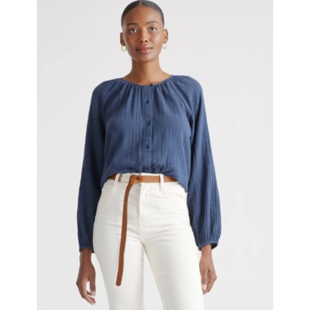 Quince Women's 100% Organic Cotton Gauze Peasant Blouse Blue L